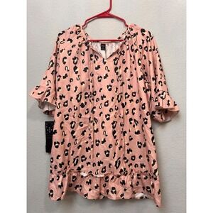 Emery Rose Pink Leopard Print Tie Neck Ruffle Sleeve‎ Tunic Top Plus Size XXL